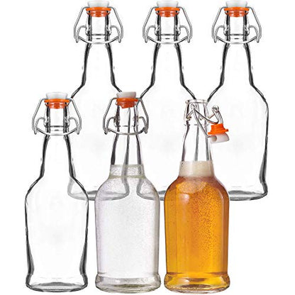 Clear Glass Bottles for Beer With Swing Top Lids - 6 Pack 16 Oz – Home Brewing Grolsch Glass Bottles with Caps – Airtight Rubber Silicone Lid for Kombucha, Homemade Dressing & More by Kitchen Lux