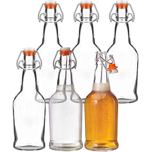Clear Glass Bottles for Beer With Swing Top Lids - 6 Pack 16 Oz – Home Brewing Grolsch Glass Bottles with Caps – Airtight Rubber Silicone Lid for Kombucha, Homemade Dressing & More by Kitchen Lux