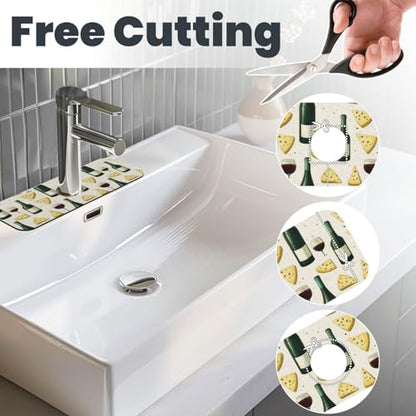 Red Wine Cheese Print Faucet Mat for Kitchen Sink, Absorbent Fast Drying Faucets Mat Splash Guard, Cute Kitchen Sink Mats for Around Faucet Draining