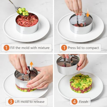 HULISEN Round Cake Ring Mold, Stainless Steel 4" Cooking Crumpet Rings with 1 Pusher & 4 Food Form, Tuna Tartare Mold for Pancake, Salad, Mousse - size: 4 Round/ Set-4 Inch with Pusher
