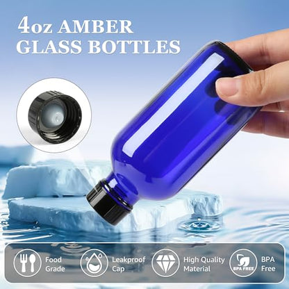 ZBCCCEOB 4 oz Small Glass Bottles with Lids, Boston Round Shot Bottles for Ginger Juice, Essential Oils - Leak Proof Mini Travel Containers(Blue, 24Pack) - color: Blue UV, size: 4oz 24