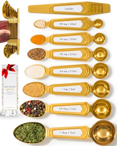 White and Gold Measuring Spoons with Leveler - Featuring 8PC Upgraded Style, Dual-Sided, Stackable, Stainless Magnetic Measuring Spoons Set - Fits in Spice Jars, White and Gold Kitchen Accessories - color: White & Gold