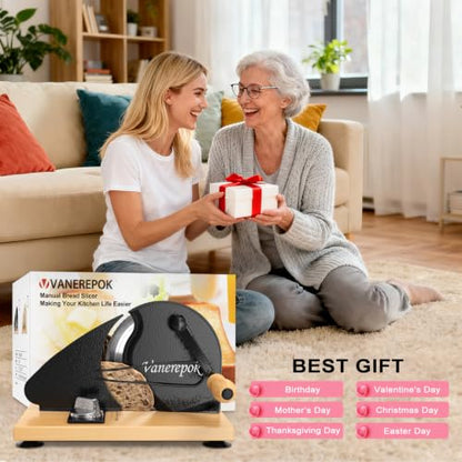 vanerepok Manual Bread Slicer Adjustable Thickness for Homemade Sourdough | Hand Crank Bread Cutter with Scale & Stable Suction Cups & Wood Base for Even Slicing Perfect Baking Gift for Home Bakers - color: Deep Black