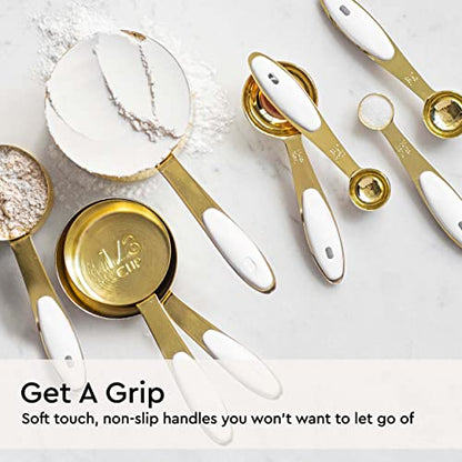 White and Gold Measuring Cups and Spoons Set – 8-Piece Stackable Stainless Steel Measuring Set – Stylish Gold Kitchen Accessories for Precise Baking and Cooking, Ideal Gift for Bakers and Chefs - color: White