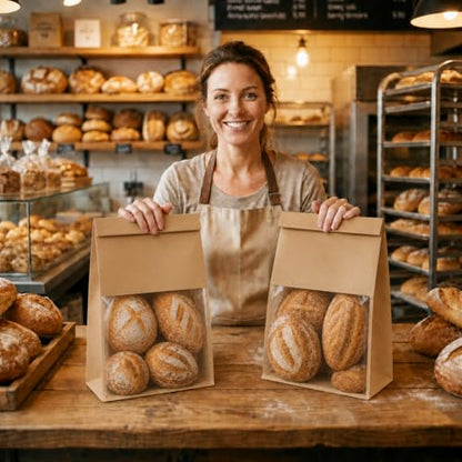 Extra Large Bread Bags for Homemade, 50 Count, 50% Thicker Sourdough Paper With Ties, 15.7 * 10.2 * 5.1 in, Tin Tie Tab Lock Bakery Bags With Window and Sealing Stickers for Storage Packaging Gifting - color: Print