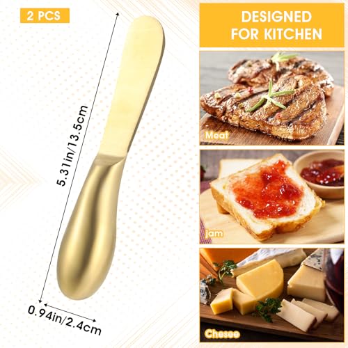 Dimeho 2 Pcs Butter Knife Little Cheese Spreader Knives Stainless Steel Spreader Knife Set Cocktail Knives for Condiments Cheese Charcuterie Board Jam Pastry making and Other Kitchen Daily - color: gold