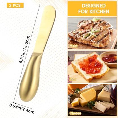 Dimeho 2 Pcs Butter Knife Little Cheese Spreader Knives Stainless Steel Spreader Knife Set Cocktail Knives for Condiments Cheese Charcuterie Board Jam Pastry making and Other Kitchen Daily - color: gold