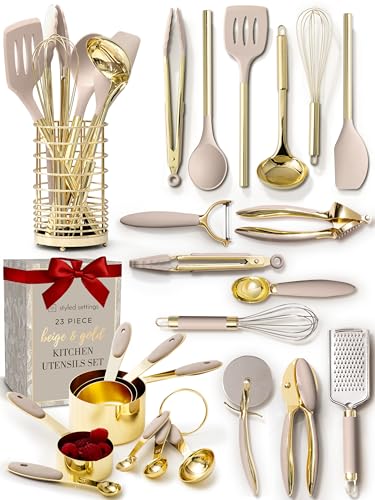 Styled Settings 23-Piece Beige and Gold Utensils Set – Silicone Nonstick Cooking Tools with Garlic Press, Can Opener, Measuring Cups, Utensil Holder – Luxury Kitchen Accessories for Modern Homes - color: 23 Piece Beige and Gold