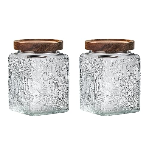 Vintage Glass Airtight Storage Jar, With Airtight Wood Lid, Kitchen Food Storage Containers,for Kitchen Counter, Pantry, Tea, Sugar, Coffee Tea Beans,Flour,Food Storage Jar (Sunflower*2) - color: Sunflower*2