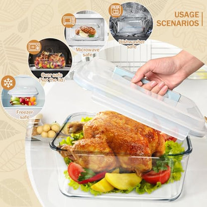 Extra Large Glass Storage Containers with Lids 200oz/6000ml/26cup | Silicone Mat Included | Borosilicate Glass | Airtight | Freezer Oven Dishwasher Safe | Rotisserie Chicken | XL Big Food Bowl - color: Light blue handle