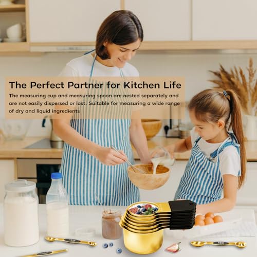 Magnetic Measuring Cups and Spoons Set, Including 7 Stainless Steel Nesting Gold Measuring Cups & 8 Magnetic Gold Measuring Spoons with 1 Leveler for Cooking & Baking
