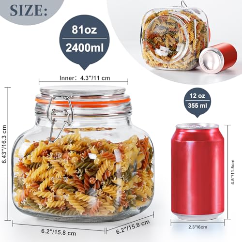 Large Glass Jars with Airtight Lid, 2 Pack Glass Food Storage Jars with 2 Scale Marks, Square Glass Canisters for Flour, Cereal, Coffee, Pasta, Cookies, Pickle, 0.6 Gallon Wide Mouth Mason Jars