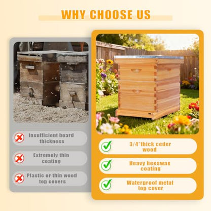 POLLIBEE 8 Frame Beehive Beeswax Coated Langstroth Bee Hives Include 1 Deep Boxes and 1 Medium Bee Box with Beehive Frames and Foundations(Unassembled) - size: 8 Frame-2L