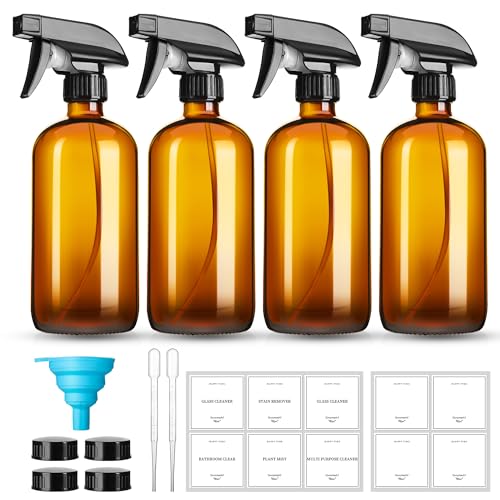 GIVAMEIHF 16oz Amber Glass Spray Bottles,4 Pack Glass Spray Bottles Refillable Empty Bottle with Adjustable Nozzle,Spray Bottle for Cleaning,Essential Oils,Cleaning,Pets,Plant, Hair Mister