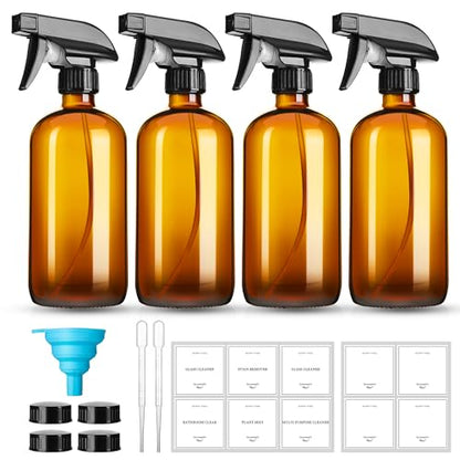 GIVAMEIHF 16oz Amber Glass Spray Bottles,4 Pack Glass Spray Bottles Refillable Empty Bottle with Adjustable Nozzle,Spray Bottle for Cleaning,Essential Oils,Cleaning,Pets,Plant, Hair Mister
