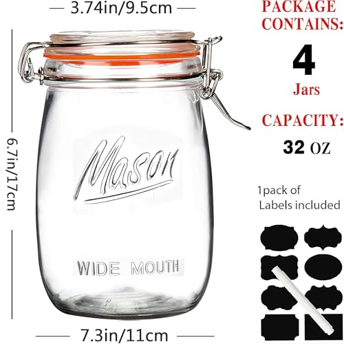 Anwoi Wide Mouth Glass Jars with Airtight Lid 32OZ 4 Pack, Kitchen Storage Large Clear Canister Jars with Hinged Lid with Measurement Marks For Canning,Coffee,Flour,Sugar,Beans