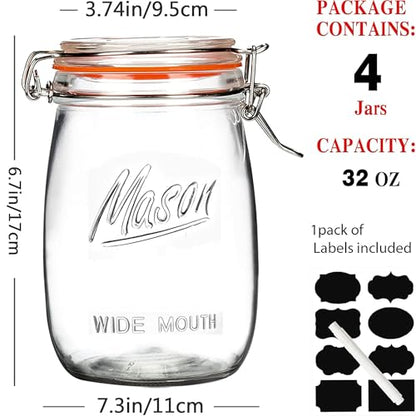 Anwoi Wide Mouth Glass Jars with Airtight Lid 32OZ 4 Pack, Kitchen Storage Large Clear Canister Jars with Hinged Lid with Measurement Marks For Canning,Coffee,Flour,Sugar,Beans