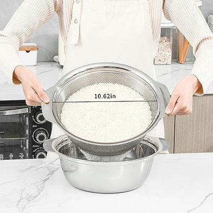 Paoli 304 Stainless Steel Fine Mesh Colander Set, 4QT Large Capacity Strainer with Mixing Bowl — Rinse Fruits, Veggies, Rice & Drain Pasta, Dishwasher Safe (2-Piece) - color: Primary color with handle, size: 4qt