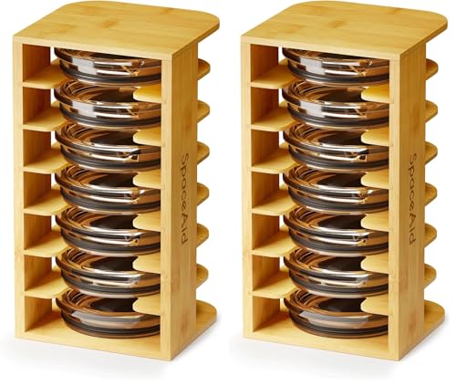 SpaceAid Bamboo Tumbler Lid Organizer for Kitchen Cabinet, Water Bottle Lid Organizer for Cabinet Organization, Cup Mini Lids Organizers Storage Holder for Cupboard Coffee (7-Tier) (Pack of 2) - size: Medium (Pack of 2)