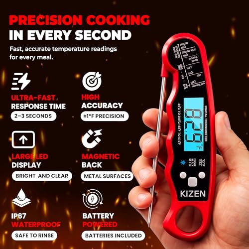 KIZEN Instant Read Meat Thermometer Digital - Food Thermometer for Cooking, Grill, Oven, BBQ - IP67 Rated Waterproof - Large Backlit Display and Magnetic Back