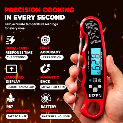 KIZEN Instant Read Meat Thermometer Digital - Food Thermometer for Cooking, Grill, Oven, BBQ - IP67 Rated Waterproof - Large Backlit Display and Magnetic Back