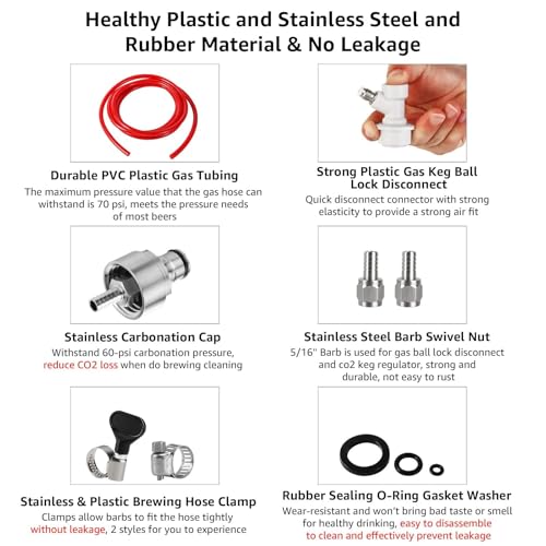 5.5 Feet Ball Lock Disconnect Gas Tubing Line Stainless Steel Carbonation Cap Kit for Soda Beer PET Bottle CO2 Regulator Keg Tap with Stainless O.D 5/16'' Barb Brewing Hose Clamp Sealing Gasket - size: Stainless Carbonation Cap Kit