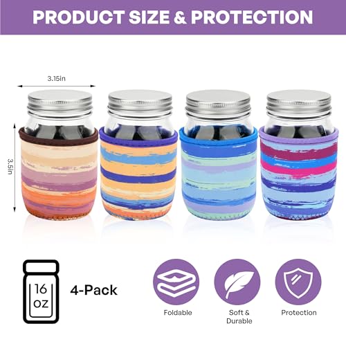 KJQJLY 4 Pcs Mason Jars Sleeves Neoprene 16oz Regular and Wide Mouth Mason Jar Sleeves Holder with Handle (rainbow, 16 OZ) - color: rainbow, size: 16 OZ