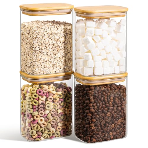 ComSaf 1.2 Qt Rectangle Glass Storage Containers with Lids, Glass Jars with Bamboo Lids, Clear Food Storage Jar, Sugar Coffee Containers, Pantry Container for Pasta Tea Candy Nut - size: 1.2 Qt-4Pcs