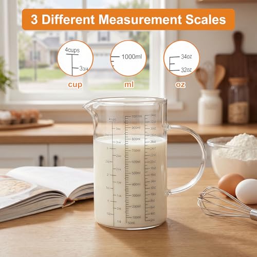 Graduated Glass Measuring Cup With Handle 1000ML (32Oz, 4Cups) | High Borosilicate Liquid Measuring Cup for Baking Cooking Kitchen V-Shaped Spout Glass Measuring Beaker Easy To Read - size: 1000ML (32Oz, 4Cups)