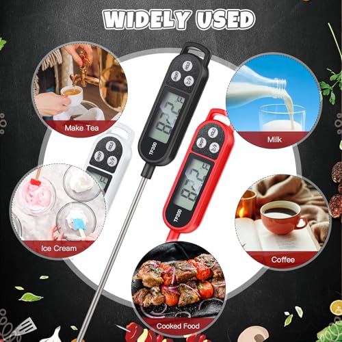Copkim 6 Pcs Instant Read Meat Thermometer with Long Probe 9.65 Inch Kitchen Cooking Food Candy Waterproof Digital Thermometer for BBQ Water Milk Yogurt Liquid (Round&Square Ring,Black,White,Red) - color: Black, White, Red