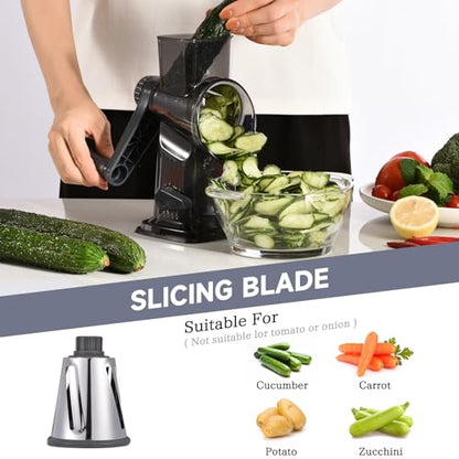 Rotary Cheese Grater with Handle Kitchen Shredder Slicer Grater Slicer Ice Shaver Cheese Vegetable Nuts Potato Zucchini Chocolate 3 Interchangeable Blades (Dark Grey TSP) - color: Dark Gray