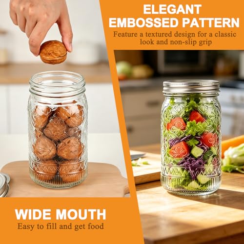 32 oz Wide Mouth Mason Jars with Lids and Bands, 12 Pack Quart Canning Jars, Clear Glass Jars for Pickling, Preserving, Meal Prep