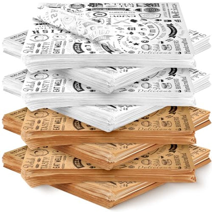 600 Pcs 12 x 12 Inch Deli Wax Paper Sheets Grease Resistant Tray Basket Liners Newsprint Paper Water and Grease Proof Sandwich Wrapping Square Hot Dog Wrappers for Food Baking (Brown,White) - color: Brown, White