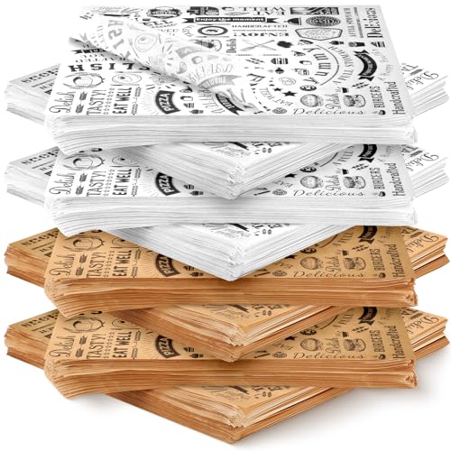 600 Pcs 12 x 12 Inch Deli Wax Paper Sheets Grease Resistant Tray Basket Liners Newsprint Paper Water and Grease Proof Sandwich Wrapping Square Hot Dog Wrappers for Food Baking (Brown,White) - color: Brown, White