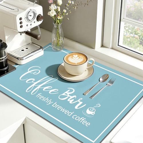Findosom Dish Drying Mat, 12"x 20" Super Absorbent & Hide Stain Coffee Mat, Cuttable Drying Mat for Kitchen Counter, Coffee Bar Accessories, Under Dish Rack, Coffee Maker, Espresso Machine, Blue - color: Blue, size: 12" X 20"