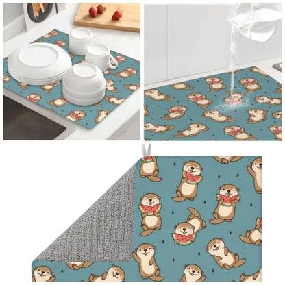Cute Otters Watermelon Dish Drying Mats for Kitchen Counter, Super Absorbent Microfiber Drainer Pad, Washable Reversible Appliance Protector, Everyday Kitchen Must-Have, 16x18 Inch - color: Cute Otters Watermelon