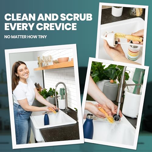 Bottle Brush Set - Ergonomic & Plastic Free Bamboo Bottle Brush, All in One Bottle And Straw Brush Cleaning Set, Sturdy Eco Friendly Water Bottle Cleaner Brush Set, Great Baby Bottle Cleaner Brush Set