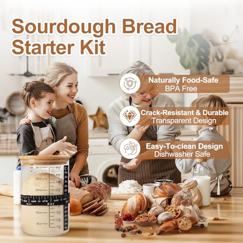 PFUM Sourdough Starter Jar Kit- 34oz Sourdough Starter Jar with Marked Feeding Band, Thermometer, Cloth Cover & Wooden Lid for Sourdough Baking Supplies, Glass Container Wide Mouth Glass Jar