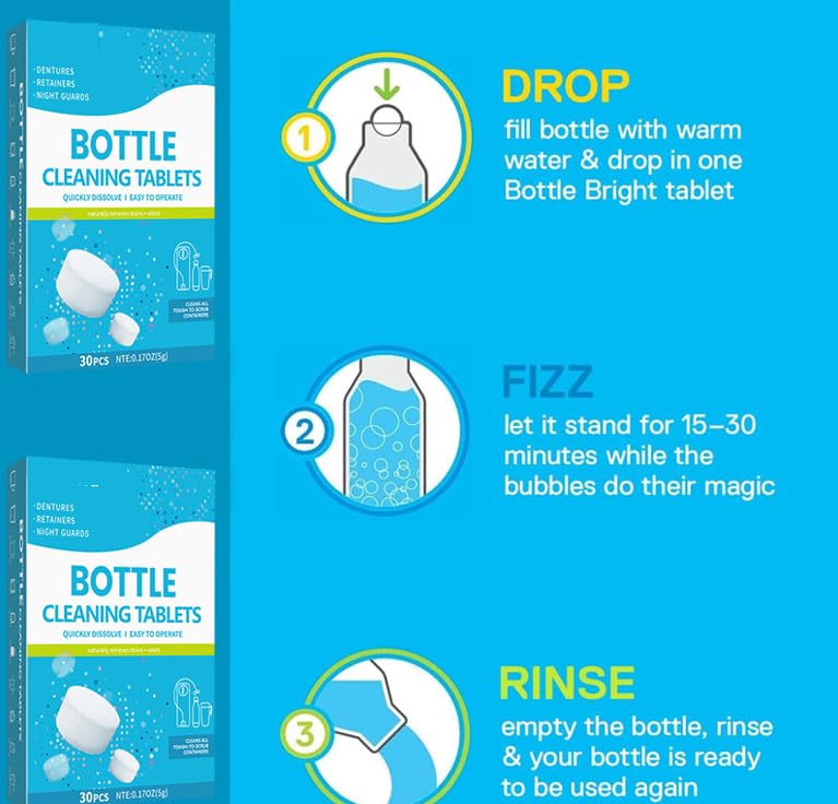 30 Pack Bottle Bright Cleaning Tablets,Water Bottle Cleaner,Removing Limescale and Tea Stains,For Water Bottle,Coffee Pot,Glass,Tumbler,Stainless,Also Can Clean Dentures,It's Multipurpose Cleaner