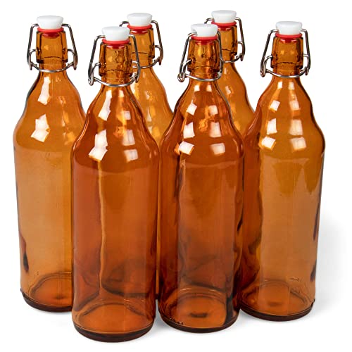 Cocktailor Glass Grolsch Beer Bottles (6-pack, 33.8 oz./1000 mL) Airtight Seal with Swing Top/Flip Top Stoppers - Home Brewing Supplies, Fermenting of Alcohol, Kombucha Tea, Wine, Soda - Amber