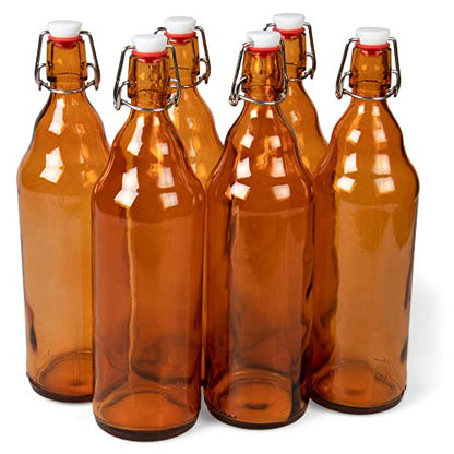 Cocktailor Glass Grolsch Beer Bottles (6-pack, 33.8 oz./1000 mL) Airtight Seal with Swing Top/Flip Top Stoppers - Home Brewing Supplies, Fermenting of Alcohol, Kombucha Tea, Wine, Soda - Amber