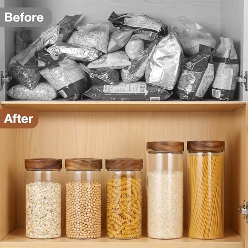 CONNOO 40oz Airtight Glass Storage Containers with Wood Lids (3-Pack) – Includes 120 Pre-Printed Waterproof White Kitchen Labels – Tall Pantry Canisters for Flour, Pasta & Cereal - size: cylindrical/40oz/3pcs