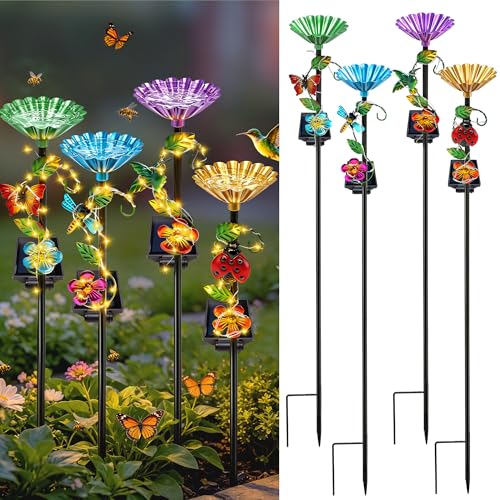 VOOKRY Solar Outdoor Garden Decor Lights & bee/Bird/Butterfly Water Station | Both functions of garden decor and water supply.Waterproof decor for Patio Lawn Yard,Gift for Women Mom(4Pack 4 models mixed) - size: 4 Pack Mixed loading