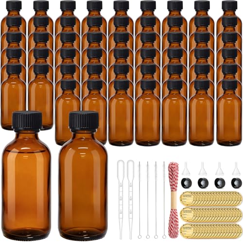 TBWIND 54 Pack 2oz Amber Glass Boston Round Bottles with Airtight Caps | Travel Size Bottles for Essential Oils, Perfume, Vanilla Extract, Tinctures & DIY Sample with Droppers, Labels & Funnels - size: 2oz