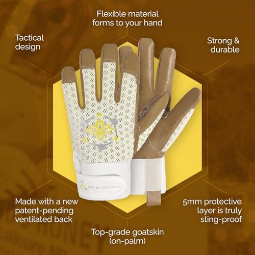 Professional Beekeeping Gloves, Premium 5mm Goatskin w/Patented Ventilation & Dexterity - Beekeeping Supplies - color: Off-white, size: Large