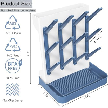 Baby Bottle Drying Rack, Space Saving Vertical Bottle Rack Dryer (Blue) | Bottle Drying Rack Countertop Organizer with Brush Holder for Bottles & Baby Accessories Pacifiers and Pump Part- BPA-Free