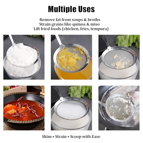 3 Pack Fat Skimmer Spoon Multi-Functional Stainless Steel Hot Pot Fat Strainer with Fine Mesh (4”, 4.7”, 5.5”) Long Handle for Frying, Soup, Quinoa, Miso - size: 3 Pack
