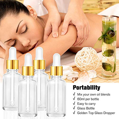 PrettyCare 2 oz Dropper Bottles, 4 Pack Clear Glass Bottles 60ml with Golden Caps, 12 Labels, Funnel & Measured Pipettes-Empty Tincture for Essential Oils & Skincare - color: 2oz Clear, style: 4 Pack