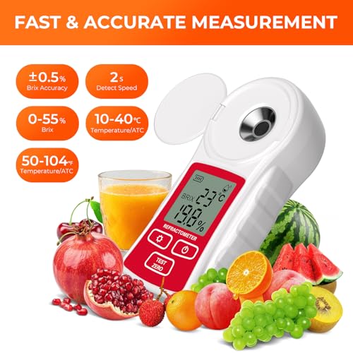 Rechargeable Digital Brix Refractometer with ATC for Fruit/Juice/Slushie | One-Tap Calibration, Anti-Glare Interference, Waterproof, Ultra-Long Battery Life (0-55% Range, 0.1% Resolution) - color: Red