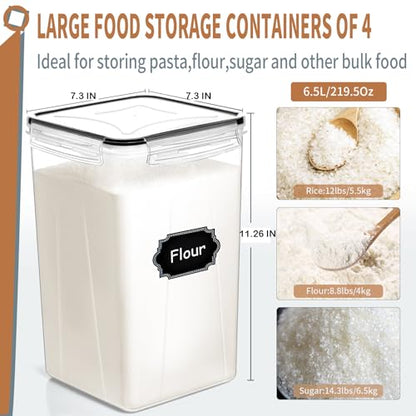 4pcs Large Tall Airtight Food Storage Containers with Lids - 6.5L / 5.9qt | Pantry Kitchen Organizers and Storage, Airtight Food Canisters with Lids for Kitchen, Pantry Organization, BPA Free, Black - size: 6.5 l